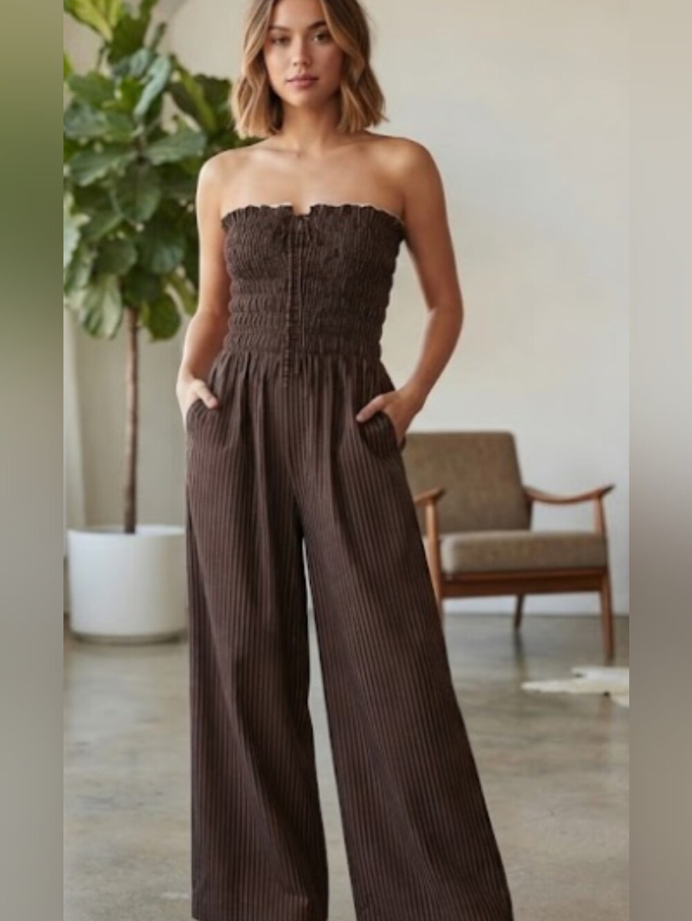 Brown Striped Smocked Strapless Wide Leg Jumpsuit